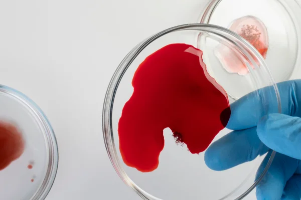 Foto colorida de base feita de acrílico com líquido vermelho que simboliza sangue - Metrópoles.