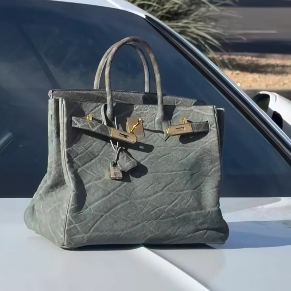 Detalhes da bolsa que supostamente é de couro de elefante Detalhes da bolsa que supostamente é de couro de elefante