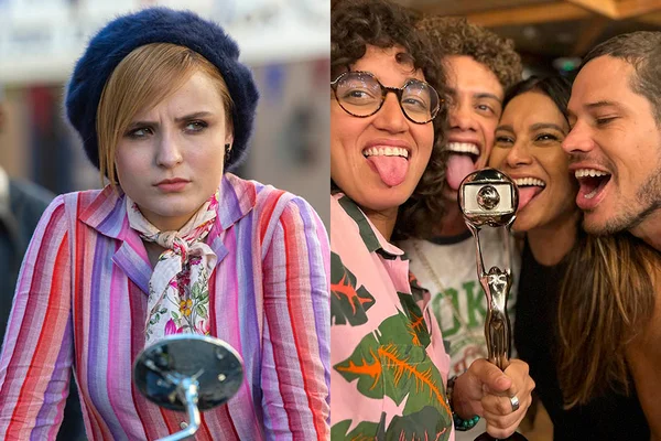 À esquerda, Larissa Manoela em Além da Ilusão; à direita, elenco de Pantanal lambe troféu Melhores do Ano - Metrópoles