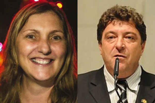 Arte com duas fotos coloridas; à esquerda, uma mulher de cabelo loiro sorri; à direita, homem com cabelo castanho está com expressão séria, falando ao microfone - Metrópoles