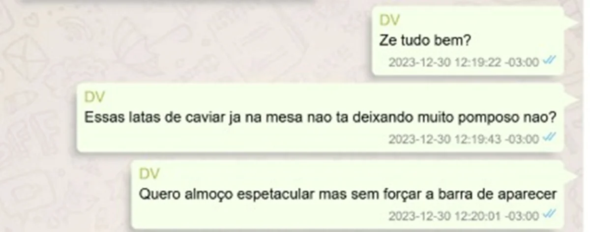 Vorcaro reclama da disposição da mesa com o caviar servido no lugar dos convidados Vorcaro reclama da disposição da mesa com o caviar servido no lugar dos convidados