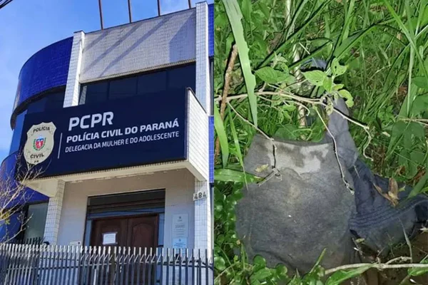 Imagem colorida mostra, à esquerda, delegacia de polícia. à direita, imagem é de roupa em cena do crime - Metrópoles