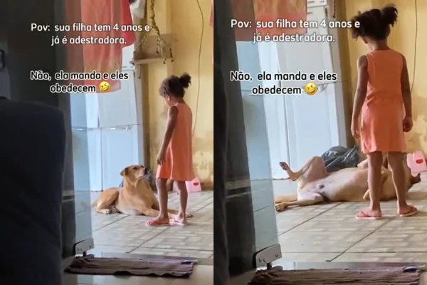 Foto colorida de uma menina e um cachorro - Metrópoles