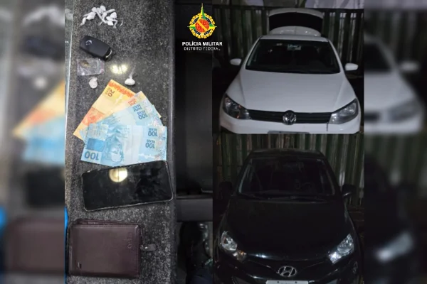 Imagem colorida de carro e dinheiro apreendido pela PMDF