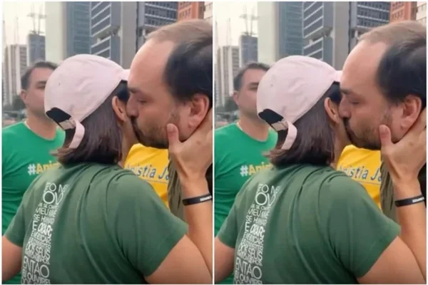 Michelle Bolsonaro e Carlos Bolsonaro se encontram em manifestação na Av. Paulista, no dia 6 de abril de 2025