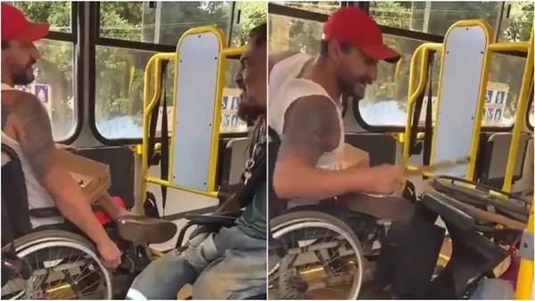 Foto de dois cadeirantes brigando dentro de um ônibus em Campo Grande (MS)