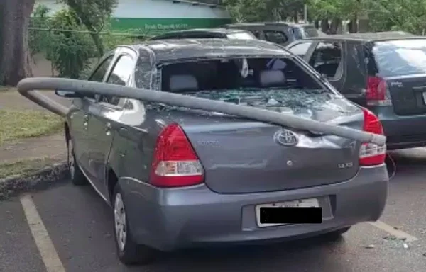 Carro cinza destruído por queda de poste
