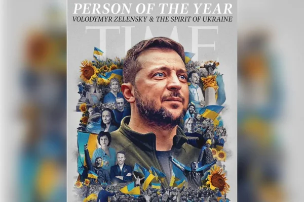 Capa da revista Time com o perfil do presidente ucraniano, Volodimir Zelensky cercado de imagens menores com as cores da bandeira da Ucrânia - Metrópoles