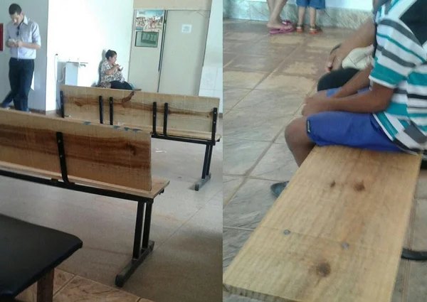Moradores de Planaltina de Goiás reclamam dos bancos do Hospital Municipal feitos de ripas de madeira