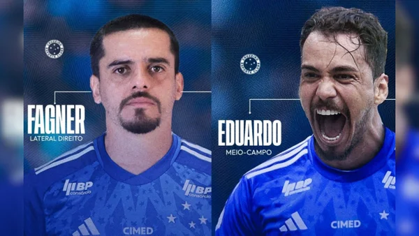 Foto montagem colorida do anúncio das contratações de Fágner e Eduardo, pelo Cruzeiro - metrópoles