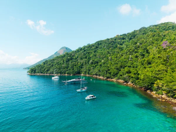 imagem aérea das águas turquesa claras e barcos ancorados ao longo da exuberante costa da Ilha Grande, no Brasil. - Metrópoles