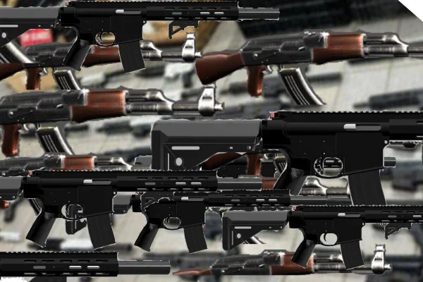 Arte gráfica com fuzis AK47 e AR15 justapostos - Metrópoles