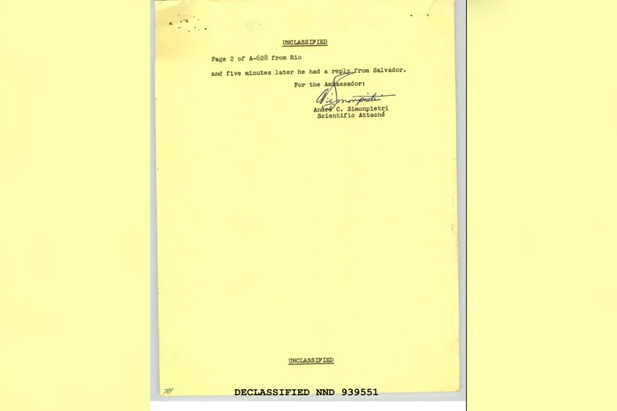 Telegrama da Embaixada dos EUA no Rio de Janeiro ao Departamento de Estado, de 20 de novembro de 1963, sobre o relato de um suposto OVNI na Bahia. Telegrama da Embaixada dos EUA no Rio de Janeiro ao Departamento de Estado, de 20 de novembro de 1963, sobre o relato de um suposto OVNI na Bahia.