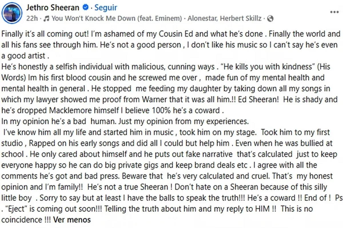 Ed Sheeran foi detonado pelo primo Ed Sheeran foi detonado pelo primo