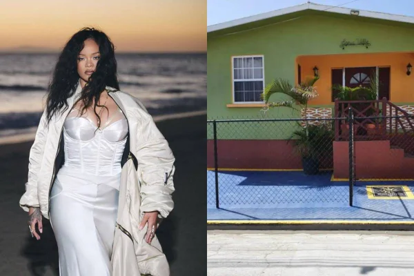 montagem com foto de rihanna de roupa champanhe e fachada de casa - metrópoles