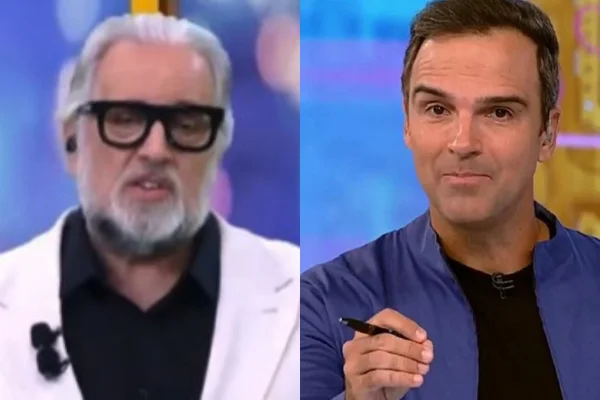 Leão Lobo de um lado e Tadeu Schmidt, apresentador do BBB do outro