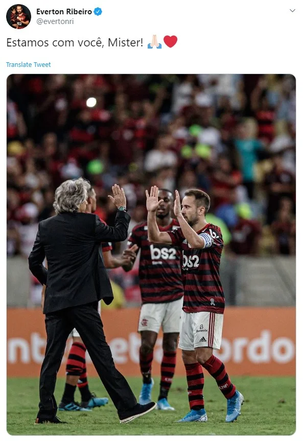 Print do Twitter do Everton Ribeiro em post com Jorge Jesus