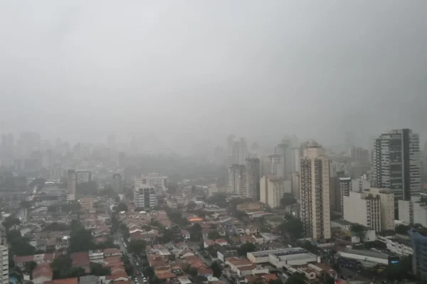 Imagem colorida de chuva em SP. Metrópoles