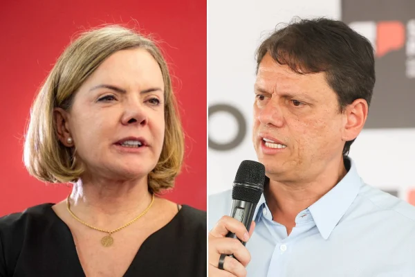 A ministra das Relações Institucionais, Gleisi Hoffmann (PT) e o governador Tarcísio de Freitas (Republicanos) - Metrópoles