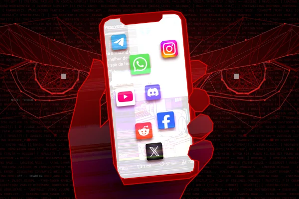 Ilustração de uma mão segurando um celular para a matéria o algoritmo do ódio