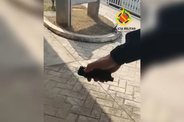 Imagem colorida de uma pessoa segurando uma arma de choque - Metrópoles