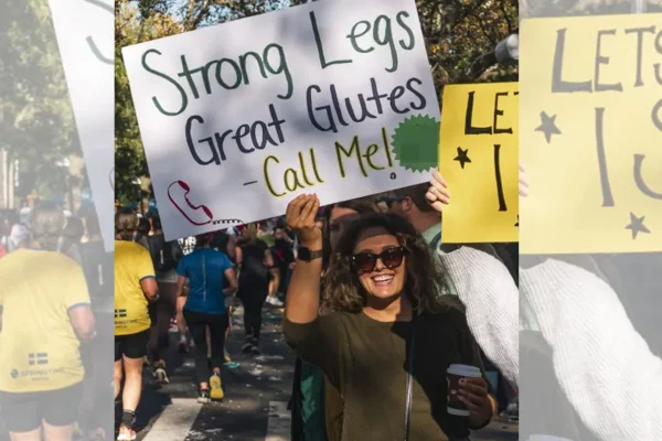 Durante maratona, mulher exibe cartaz com telefone em busca de um amor