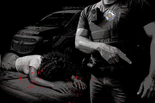 Arte gráfica em preto e branco. No lado esquerdo, jovem caída, com o rosto voltado ao solo e braços estendidos, atrás da qual há uma viatura da PM de São Paulo. Do lado direito, dorso e pernas de PM, fardado, com pistola na mão direita - Metrópoles