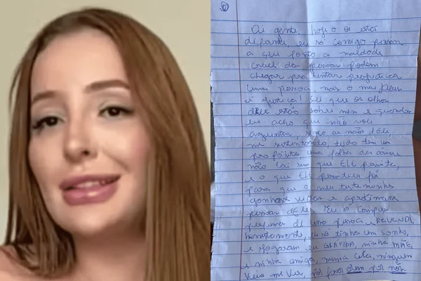 Colagem colorida de duas fotos, onde à esquerda aparece uma mulher branca e ruiva e à direita uma carta escrita à mão - Metrópoles