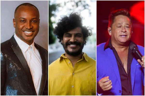 Montagem colorida com fotos de Thiaguinho, Criolo e Leonardo - Metrópoles