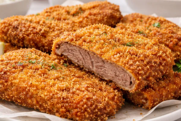 pedaços de carne empanada
