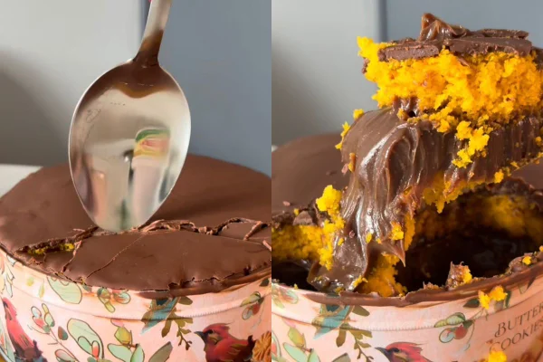 montagem de receita de bolo de cenoura montado dentro de uma lata