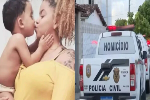 Imagem colorida, foto de mãe que decapitou filho e ao lado outra foto de uma viatura da Polícia Civil - Metrópoles