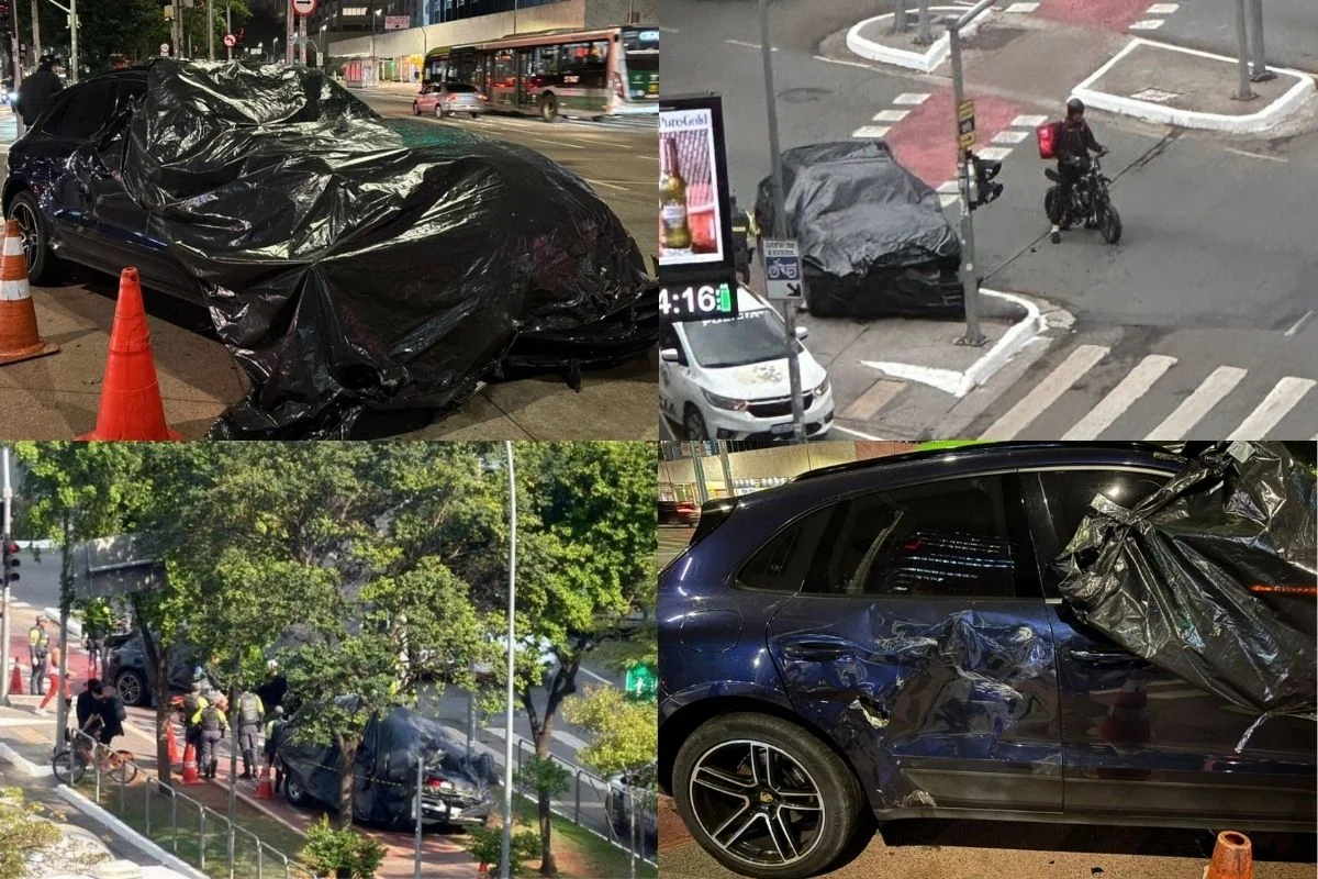 Viatura da PM e Porsche colidem na Avenida Brigadeiro Faria Lima, em São Paulo Viatura da PM e Porsche colidem na Avenida Brigadeiro Faria Lima, em São Paulo