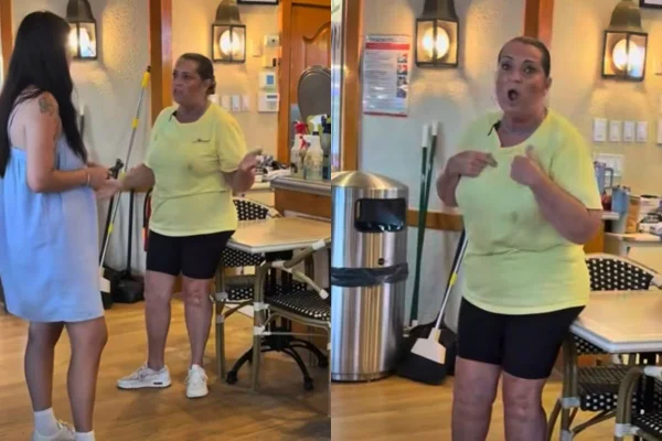 Foto colorida de dona de pizzaria em vídeo de confusão