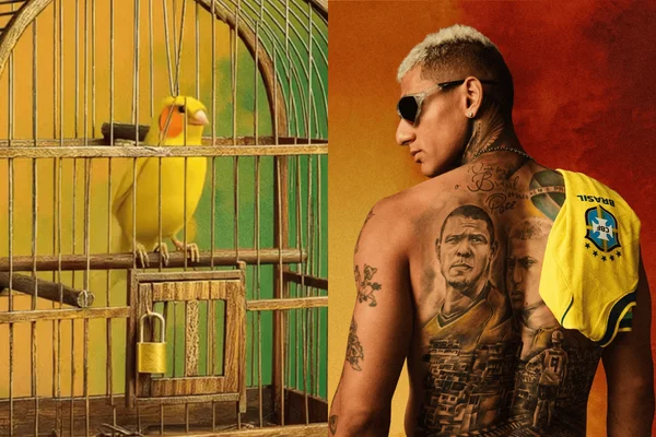 foto com cor. publicidade da CBF com canarinho amarelo em gaiola - metrópoles