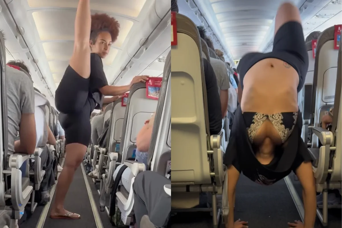 Jovem Influenciadora Rosa Adventures Gera Debate e Críticas ao Praticar Ioga e Alongamentos no Corredor de Avião Durante Voo Internacional