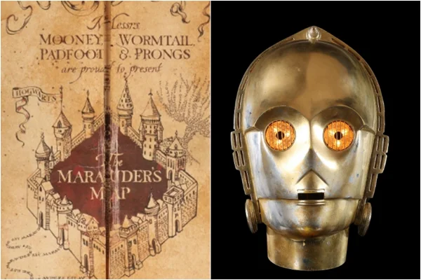 MOnstagem de imagens mostra o Mapa do Maroto de Harry Potter (à esquerda) e a cabeça do C3-PO de Star Wars (à direita) - Metrópoles