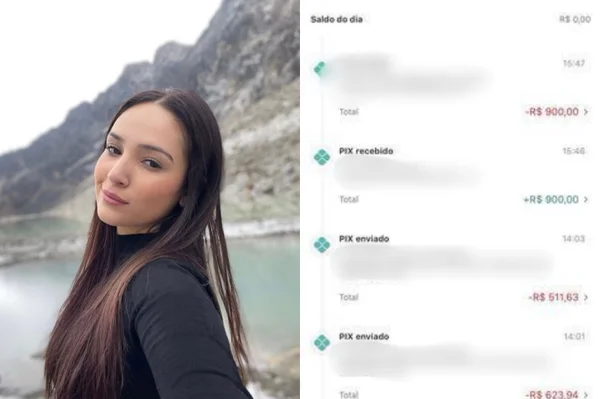Mulher de cabelo liso e blusa preta de gola alta e manga comprida divide a tela com print de transferências bancárias