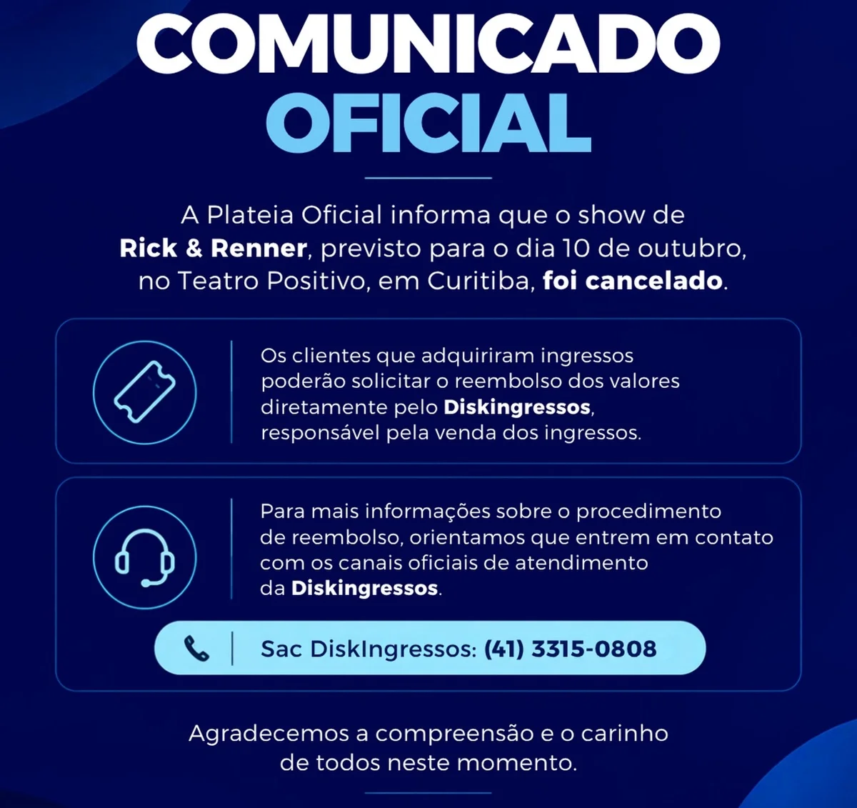 Rick e Renner se apresentariam em Curitiba no inicio de outubro Rick e Renner se apresentariam em Curitiba no inicio de outubro