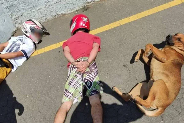 A foto mostra dois homens deitados de bruço no asfalto algemados e um cachorro deitado de lado - Metrópoles