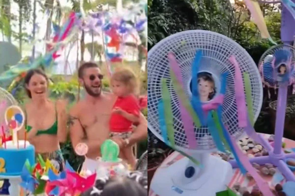 Montagem colorida com fotos do aniversário do filho de Chay Suede - Metrópoles