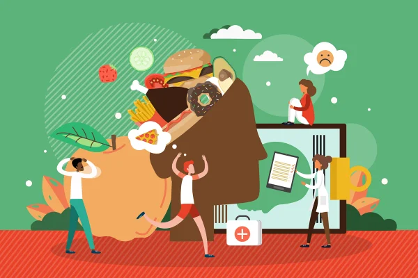 Ilustração mostra uma cabeça cheia de doces, com símbolos relacionados à alimentação - Metrópoles