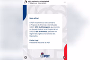 Nota oficial do PDT assinada pelo presidente nacional da sigla, Carlos Lupi