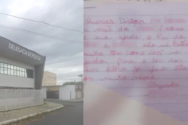 Imagem colorida de montagem em que o lado esquerdo tem a fachada da Delegacia de Lorena e do lado direito tem o bilhete enviado pela mãe pedindo socorro à diretora da escola do filho. Metrópoles
