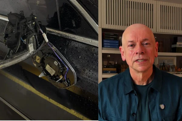 Imagem colorida de montagem com retrovisor quebrado e do influenciador e professor Leandro Karnal. Metrópoles