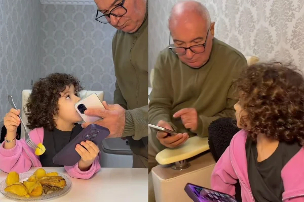 Montagem com imagens de uma menina interagindo com o avô