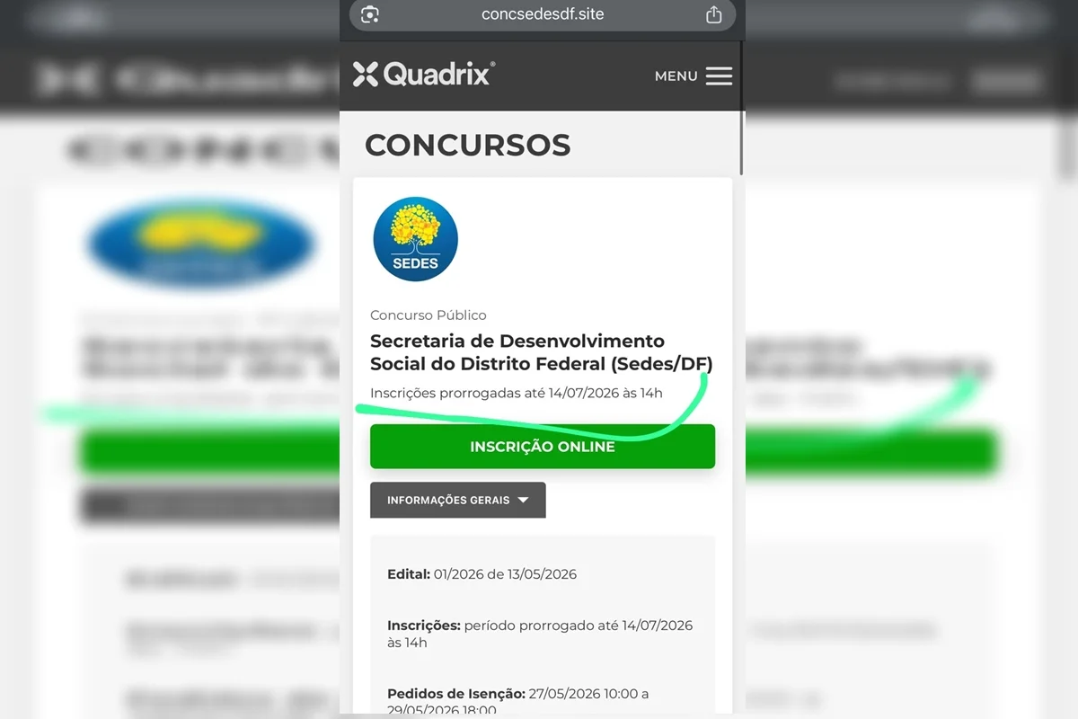 Concurso Sedes-DF: candidatos caem em golpe de site falso de inscrição - imagem 1 Concurso Sedes-DF: candidatos caem em golpe de site falso de inscrição - imagem 1