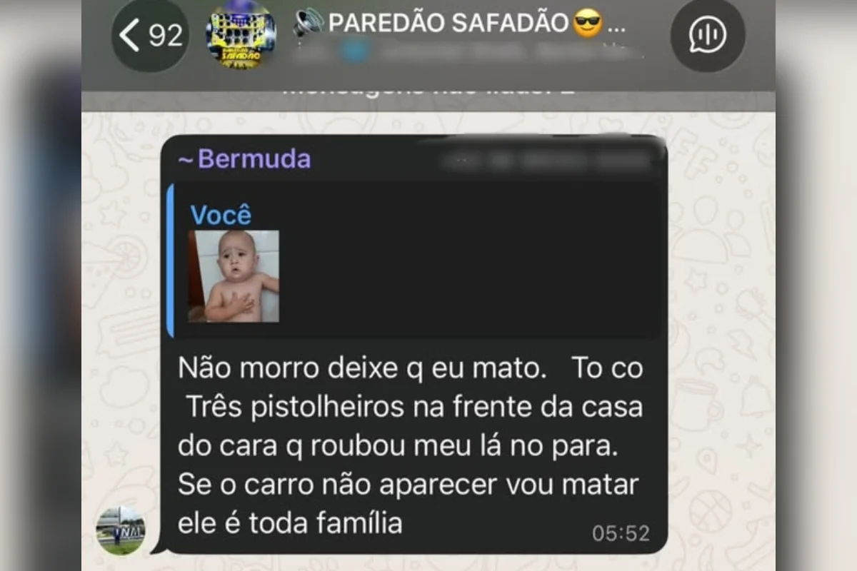 Outro print obtido pelo Metrópoles mostra uma declaração com teor violento sobre o suposto furto de um veículo Outro print obtido pelo Metrópoles mostra uma declaração com teor violento sobre o suposto furto de um veículo