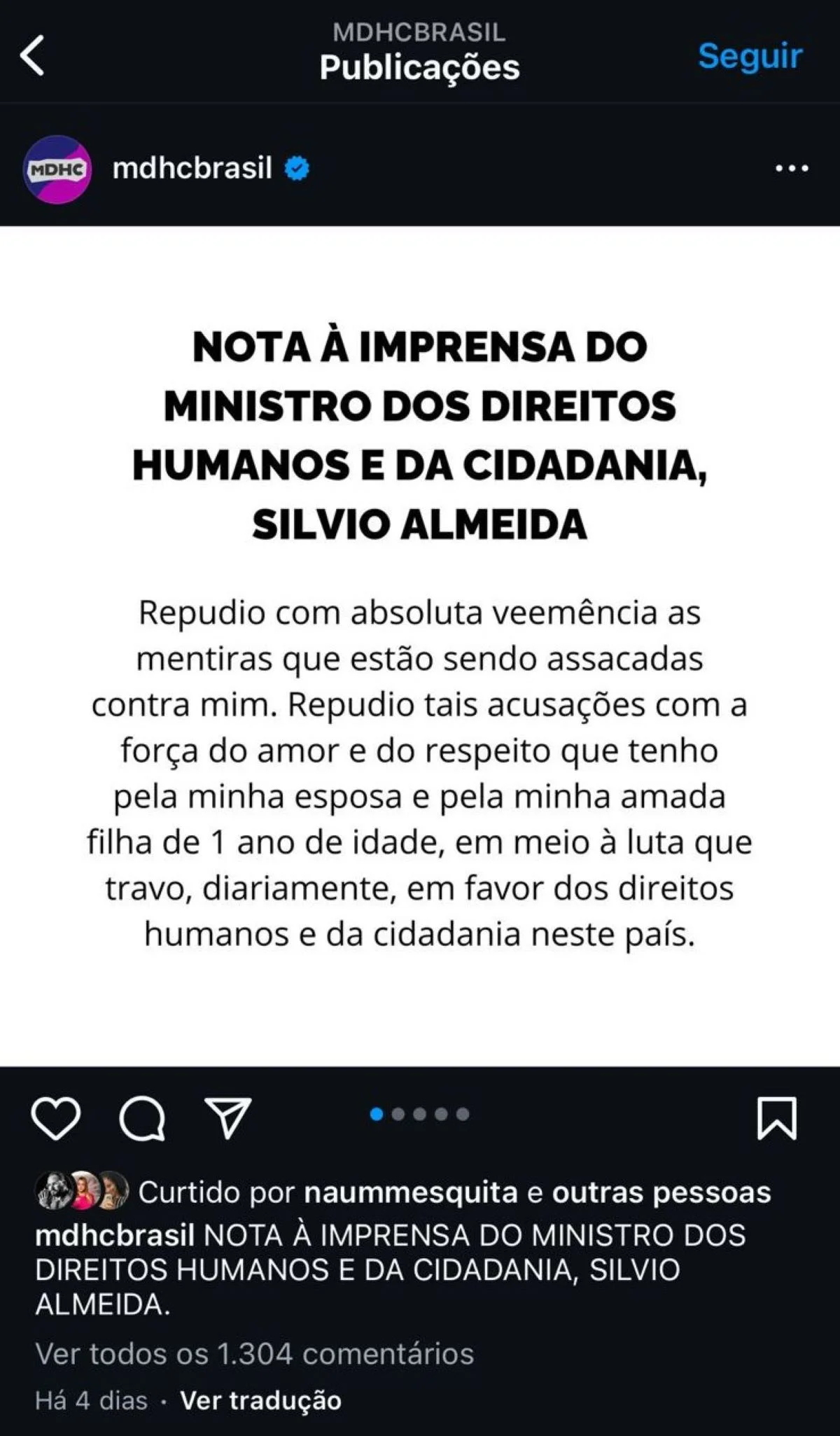 Nota publicada no perfil do MDHC que foi excluída Nota publicada no perfil do MDHC que foi excluída