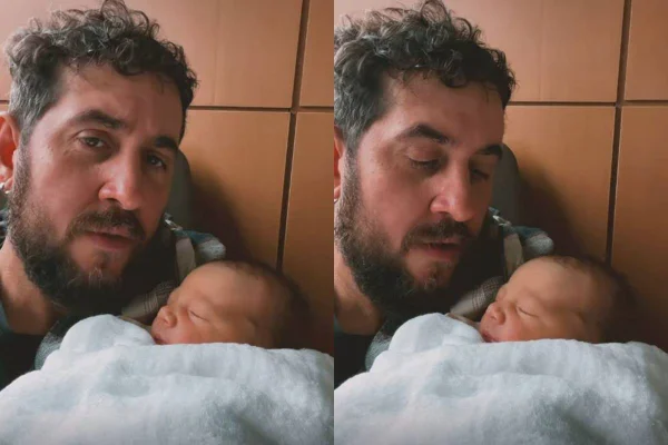montagem com duas fotos de homem com bebe no colo - metrópoles